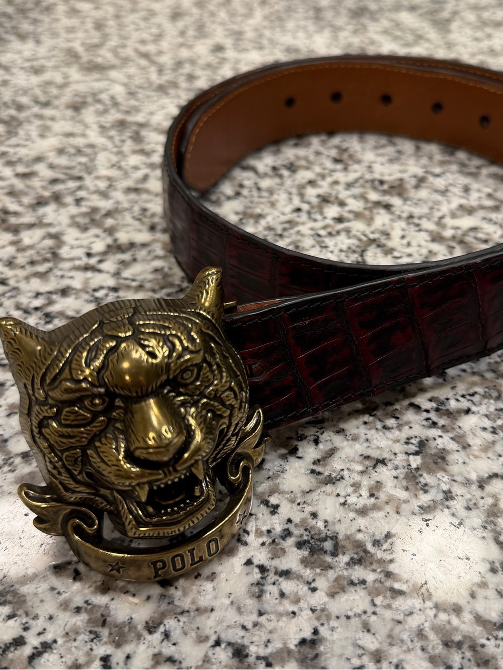 Polo by Ralph Lauren Brown Croc-Embossed Leather Belt with Gold Tiger Buckle